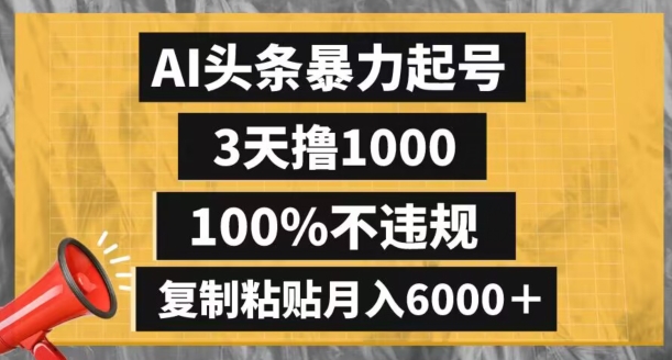 AI头条暴力起号，3天撸1000,100%不违规，复制粘贴月入6000＋【揭秘】-火柴小市场
