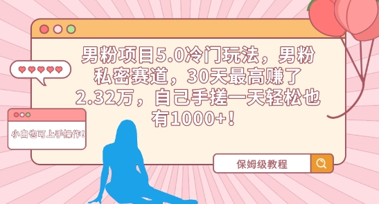 男粉项目5.0冷门玩法，男粉私密赛道，30天最高赚了2.32万，自己手搓一天轻松也有1000+【揭秘】-火柴小市场