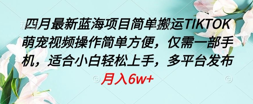 四月最新蓝海项目，简单搬运TIKTOK萌宠视频，操作简单方便，仅需一部手机【揭秘】-火柴小市场