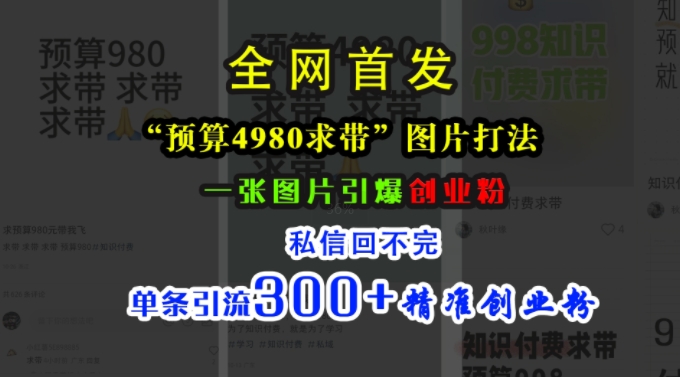 小红书“预算4980带我飞”图片打法，一张图片引爆创业粉，私信回不完，单条引流300+精准创业粉-火柴小市场