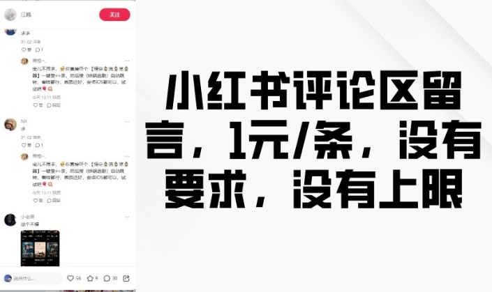 小红书评论区留言，1元条，没有要求，没有上限-火柴小市场