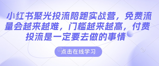 小红书聚光投流陪跑实战营，免费流量会越来越难，门槛越来越高，付费投流是一定要去做的事情-火柴小市场