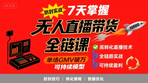 无人直播带货全链防封实战课，7天掌握高转化直播技术，实现单场GMV破万可持续模型-火柴小市场