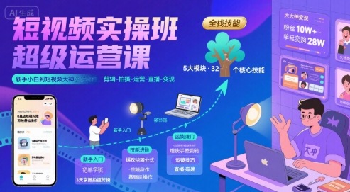 短视频实操班超级运营课，新手小白到短视频大神必修课程，剪辑-拍摄-运营-直播-变现-火柴小市场