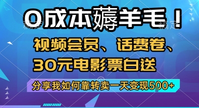 0成本薅羊毛!视频会员、话费卷、30元电影票白送，分享我如何靠转卖一天变现5张+【揭秘】-火柴小市场