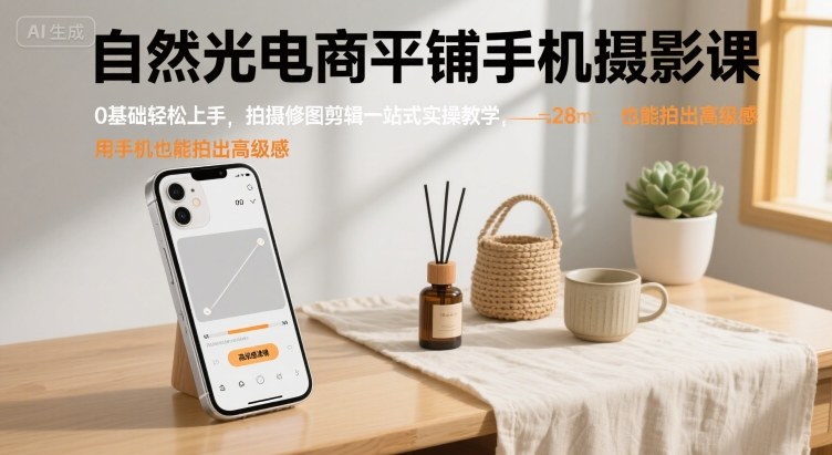 自然光电商平铺手机摄影课，0基础轻松上手，拍摄修图剪辑一站式实操教学，用手机也能拍出高级感-火柴小市场