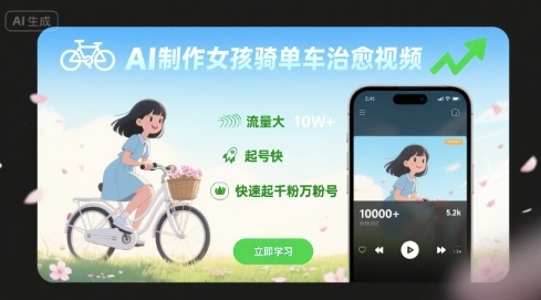 AI制作女孩骑单车治愈视频，流量大，起号快，快速起千粉万粉号-火柴小市场