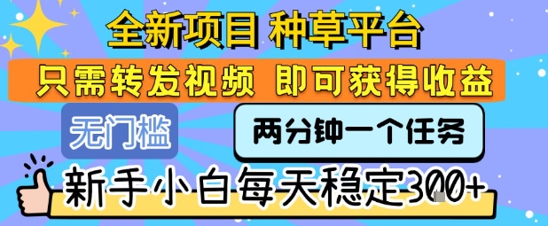 全新项目 种草平台 只需要转发任务视频 即可获得收益 新手小白每天稳定3张+【揭秘】-火柴小市场