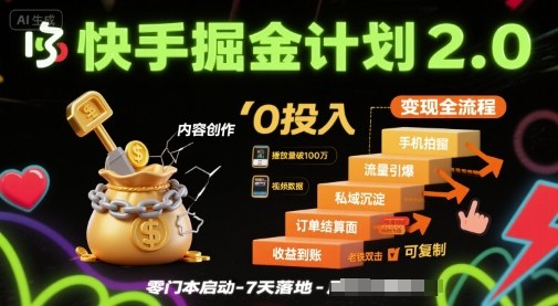 快手掘金计划2.0，快手电商变现全流程，简单可复制，0投入-火柴小市场