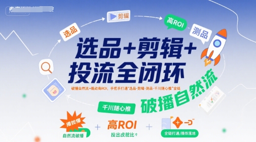 选品+剪辑+投流全闭环，破播自然流+撬动高ROI，手把手打通“选品-剪辑-测品-千川随心推”全链-火柴小市场