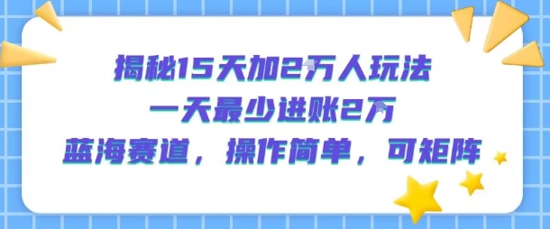 揭秘15天加2W人玩法，一天最少2万进账，蓝海赛道，操作简单，可矩阵-火柴小市场