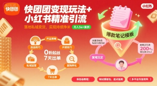 快团团变现玩法+小红书精准引流技巧，助你真正落地私域卖货，实现持续挣米-火柴小市场